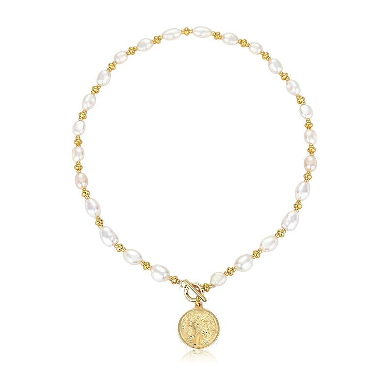 Styled Baroque Pearl Necklace With Gold Coin Pendant