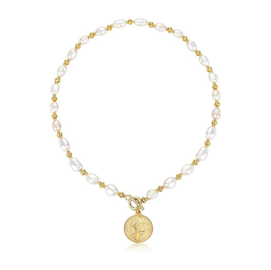 Styled Baroque Pearl Necklace With Gold Coin Pendant